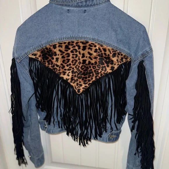 SHEIN Jean Jacket Blue and Black with Fringe and Animal Print - Picture 7 of 13